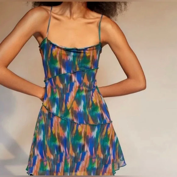 Urban Outfitters Moxie Mesh Mini Slip Dress with an abstract multicolor print - Picture 2 of 7